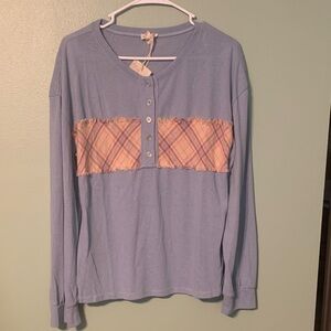 Hem & Thread Long Sleeve Blue Top with Plaid Accent